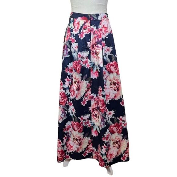 PROMGIRL Formal Maxi Skirt Lined Navy Floral Print Side Zipper Size Medium - Picture 4 of 11